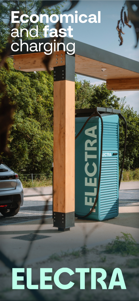 Electra - Fast Charging Hubs - Una estación de carga rápida Electra para vehículos eléctricos en un moderno centro de carga exterior