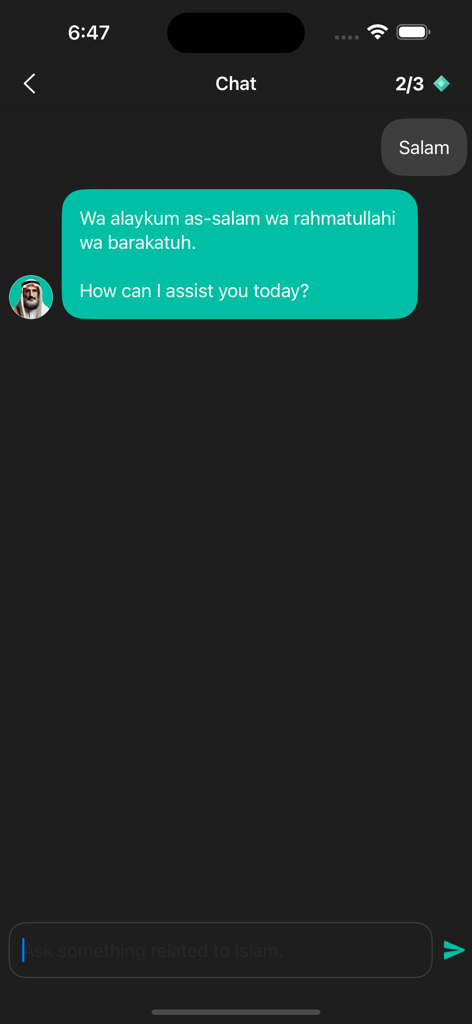 Alim - AI Islamic Scholar - Chat interface of the Alim AI Islamic Scholar app showing a conversational greeting with an AI scholar assistant.
