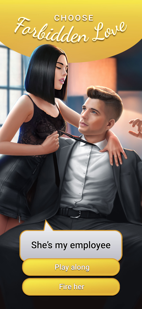 Perfect Choice: Romance Games - A woman in a black lace top leans over a man in a suit with game choices to play along or fire her.