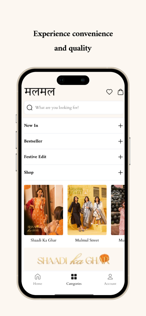 Shop Mulmul mobile app interface showing Indian ethnic wear categories and collections