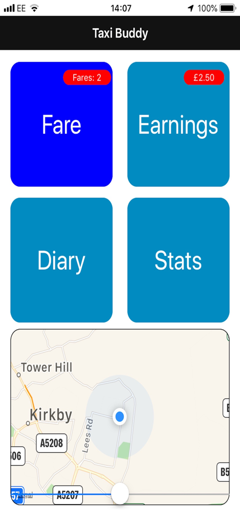 UK Taxi Buddy - UK Taxi Buddy dashboard with fare and earnings tracking buttons and map view