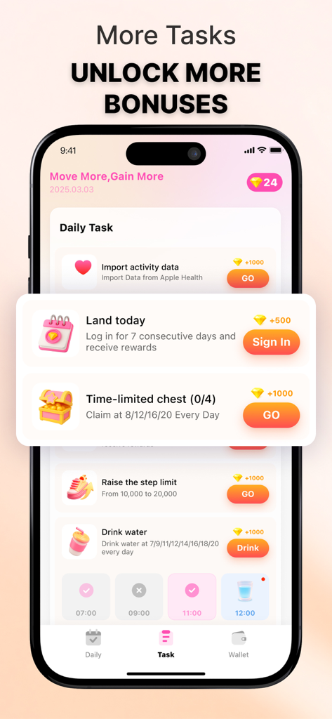 StepPay app screen showing daily tasks and diamond rewards for health goals
