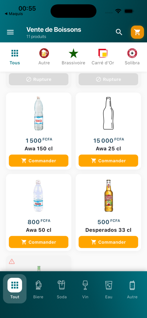 Maquis - Maquis mobile app interface showing a list of beverages for sale with prices in FCFA and order buttons