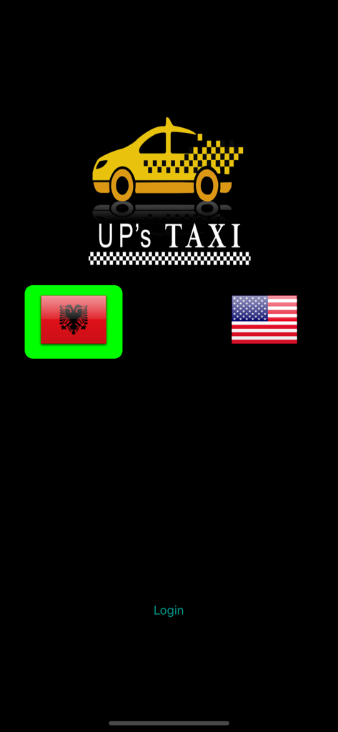 UP's Taxi - Tela inicial do aplicativo UP's Taxi com ícones de bandeiras da Albânia e dos EUA para seleção de idioma