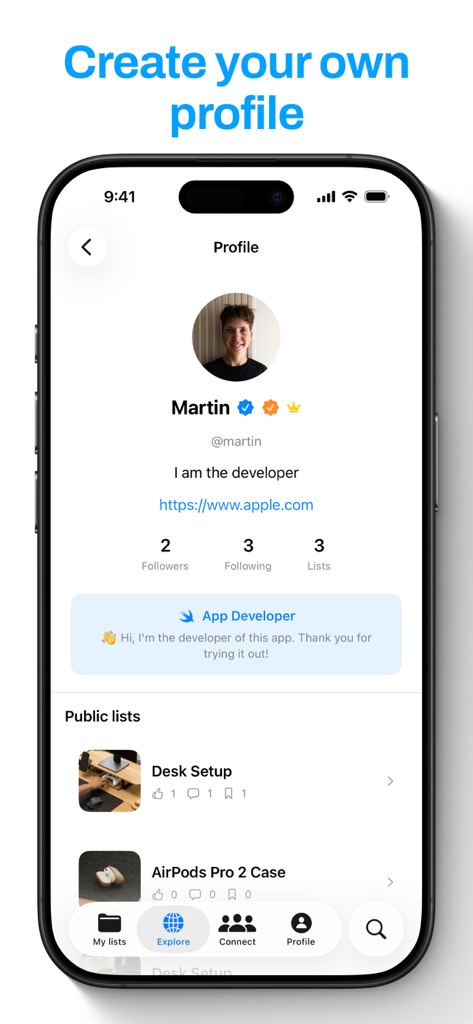 Wishlist – Share & Discover - A user profile screen in the Wishlist app showing social stats and public lists.