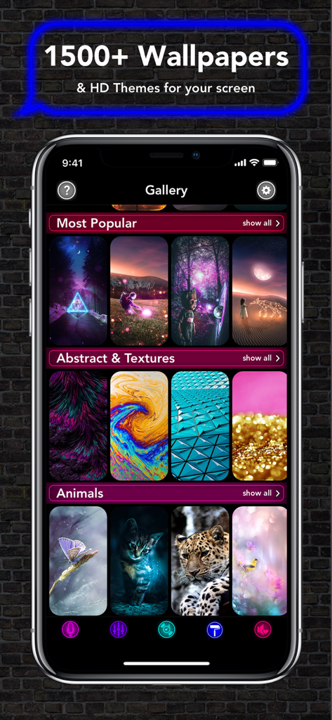 Ringtone Maker - Ringtones App - Interface do aplicativo Ringtone Maker exibindo uma galeria de papéis de parede e temas HD em várias categorias.