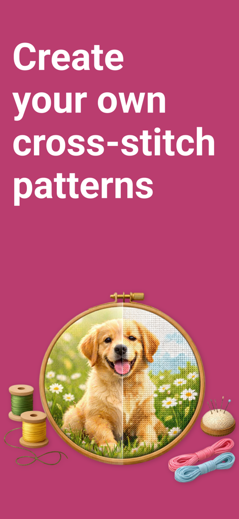 Um bastidor de bordado exibindo uma foto de um cachorrinho se transformando em um padrão de ponto cruz ao lado de fios coloridos e um porta-alfinetes