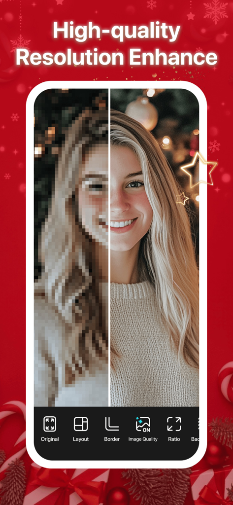 Comparaison avant/après d'un portrait montrant l'amélioration de la résolution de haute qualité dans l'application PhotoGrid