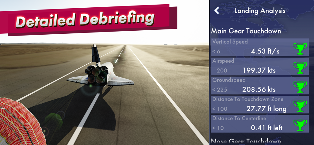 F-Sim|Space Shuttle 2 - Space Shuttle landing analysis and debriefing screen showing flight metrics and performance trophies