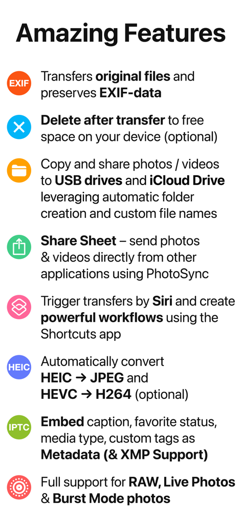 Summary of PhotoSync app features including EXIF data preservation, Siri shortcuts, and RAW file support