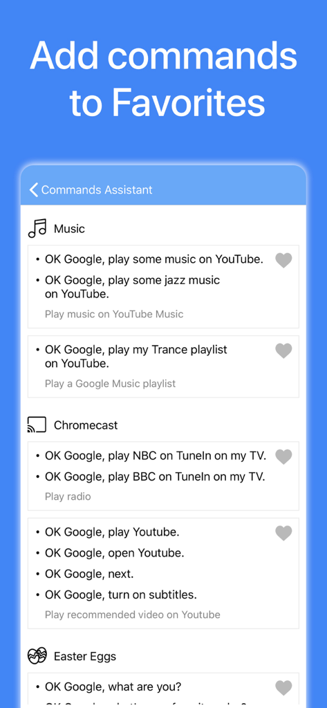 Interface of the Commands for Google Assistant app showing categorized voice commands with an option to add to favorites