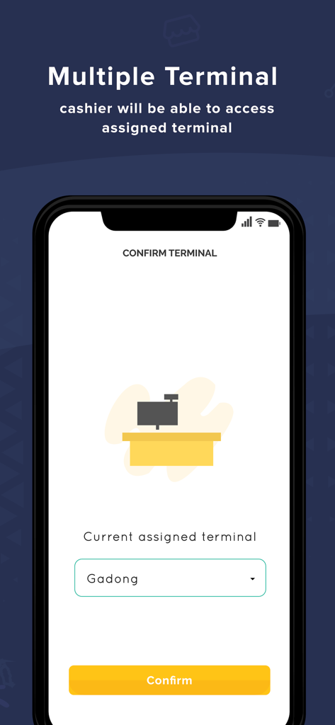 A smartphone screen displaying the terminal assignment feature in the Pocket Merchant app.