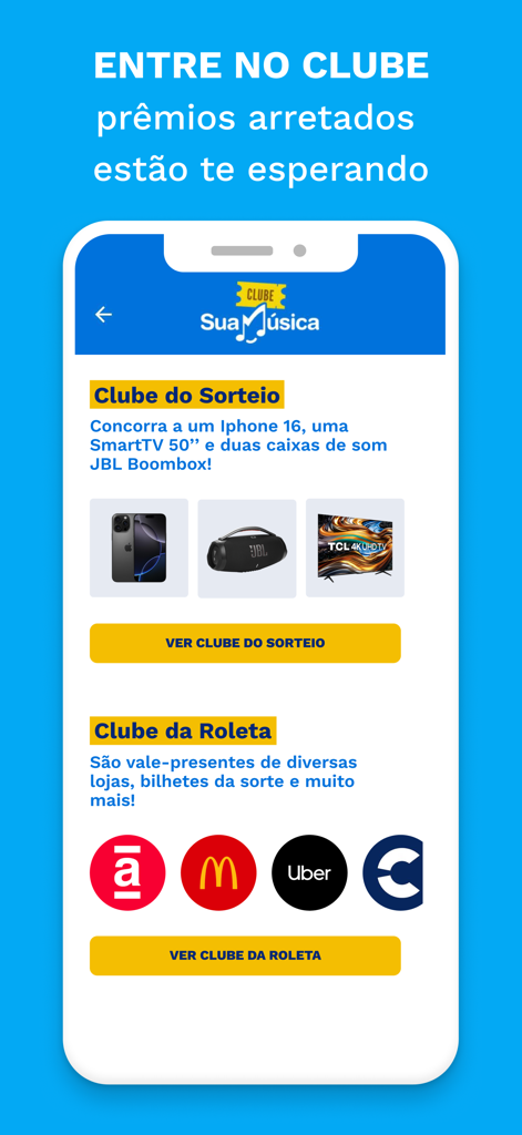 Sua Música: Ouvir e Baixar - Schermata dell'app Sua Musica che mostra il club premi con concorsi a premi per elettronica e buoni regalo.