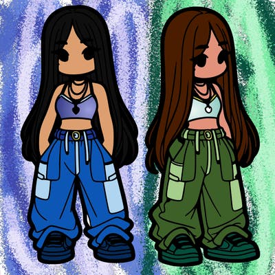 girl in baggy pants crop top and long hair