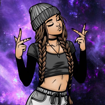 realistic teenage girl with braids and a beanie and crop top doing 🫶🏼