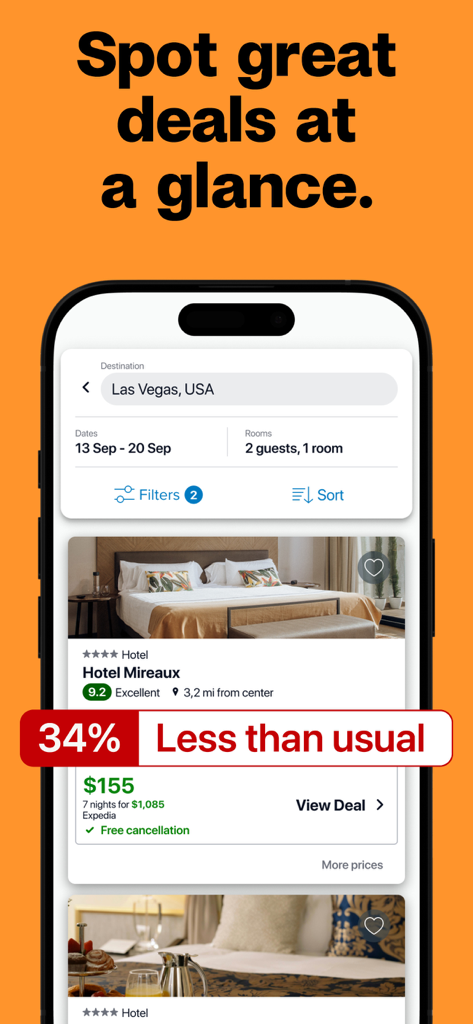 Trivago app interface showing a hotel search in Las Vegas with a 34 percent price discount badge.
