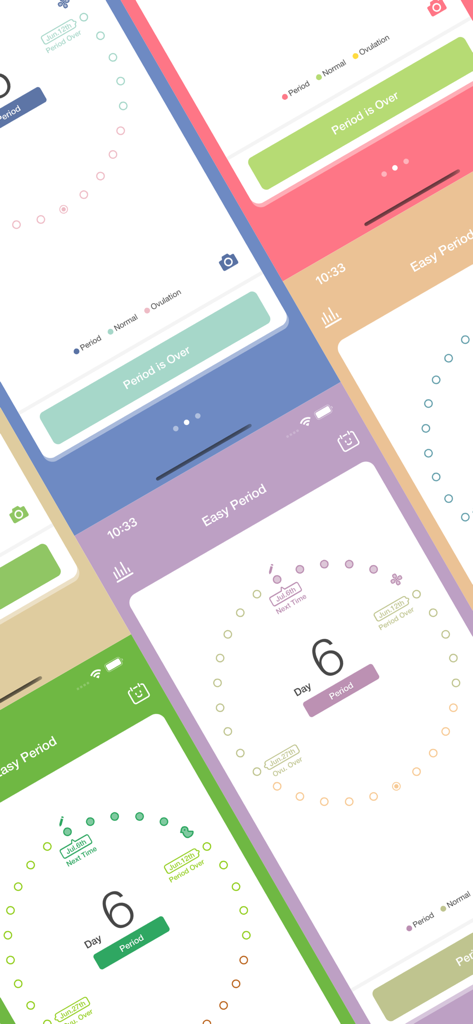 Collage of Easy Period Lite Tracker app screens in various colors like purple green and pink showing a minimalist circular cycle interface.
