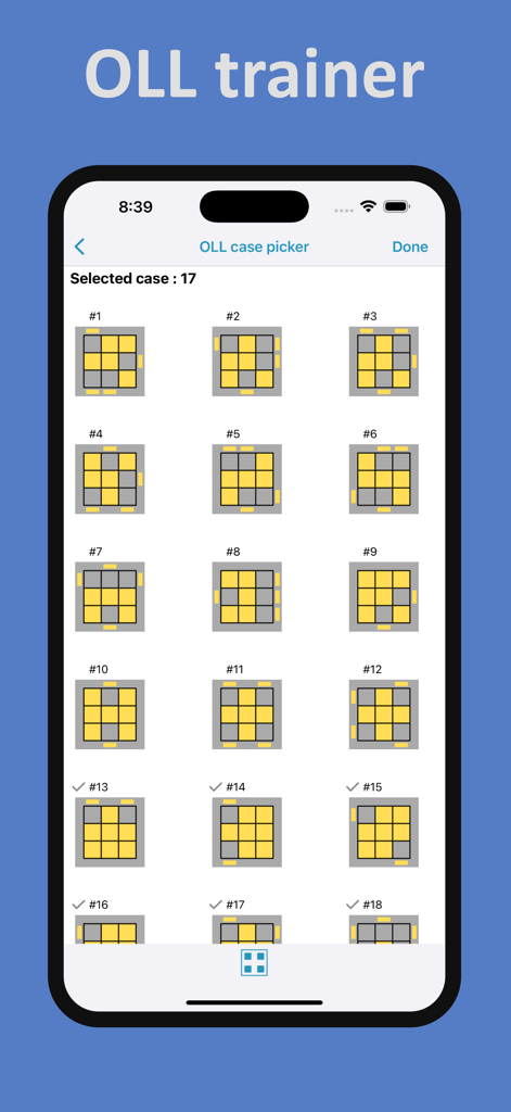 My Cube Timer - Interface of the OLL trainer showing multiple Rubiks cube top layer patterns for speedcubing practice.