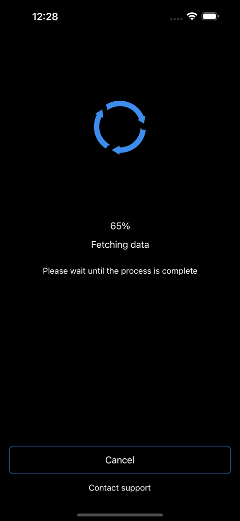 Loading screen of the effie app showing a 65 percent progress for fetching data.