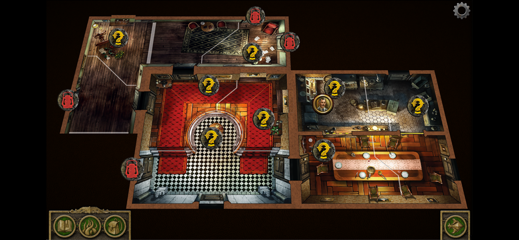 Digital game board map showing a mansion layout with investigation icons in the Mansions of Madness app