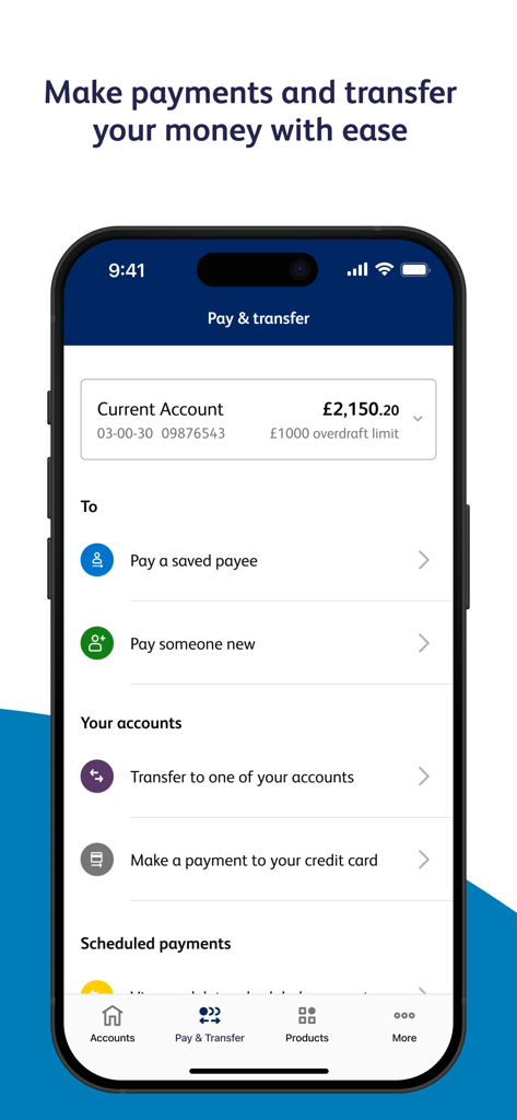 A tela do aplicativo Co-operative Bank exibindo opções de pagamento e transferência de dinheiro para contas correntes.