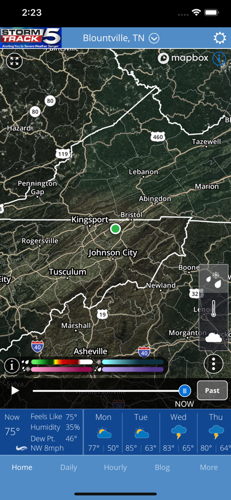 StormTrack 5 mobile app interface displaying a local satellite radar map of Tennessee and Virginia with a daily weather forecast