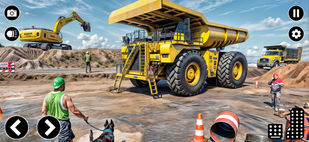 Heavy Machines Transporter Sim - Heavy Machines Transporter Sim gameplay showing a massive yellow dumper truck and excavator at a construction site