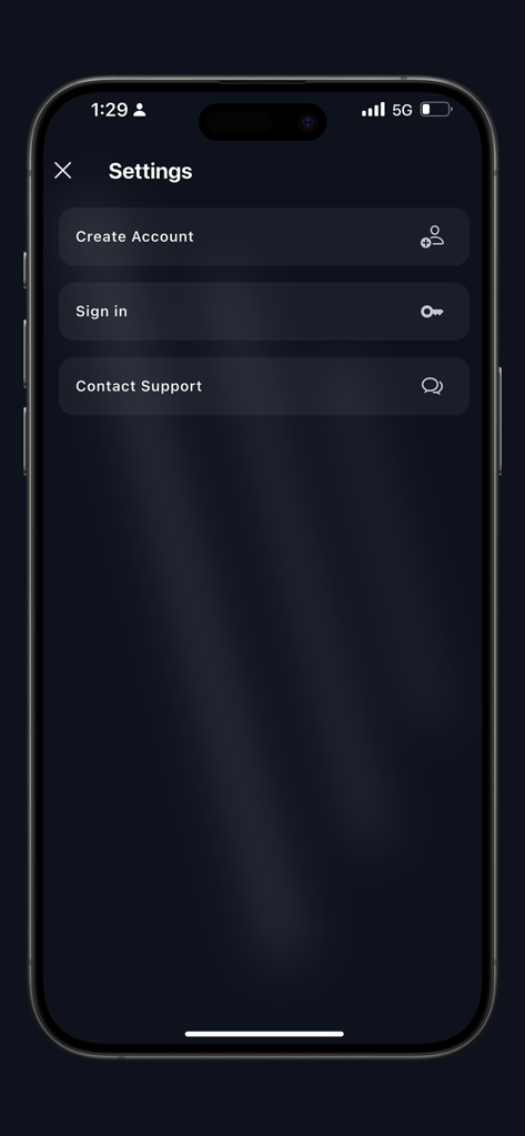 Whale Crypto Signals - Settings screen of the Whale Crypto Signals app showing account creation, sign in, and support options.