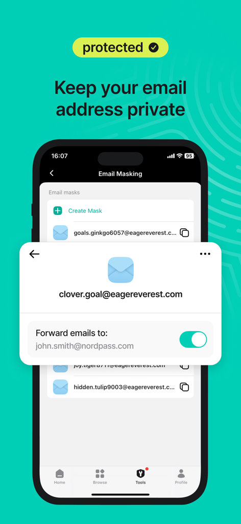 NordPass mobile app interface displaying the email masking feature for privacy.