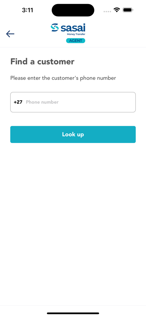 Sasai Money Transfer Agent App - Sasai Money Transfer Agent app screen to find a customer by entering their phone number with a lookup button