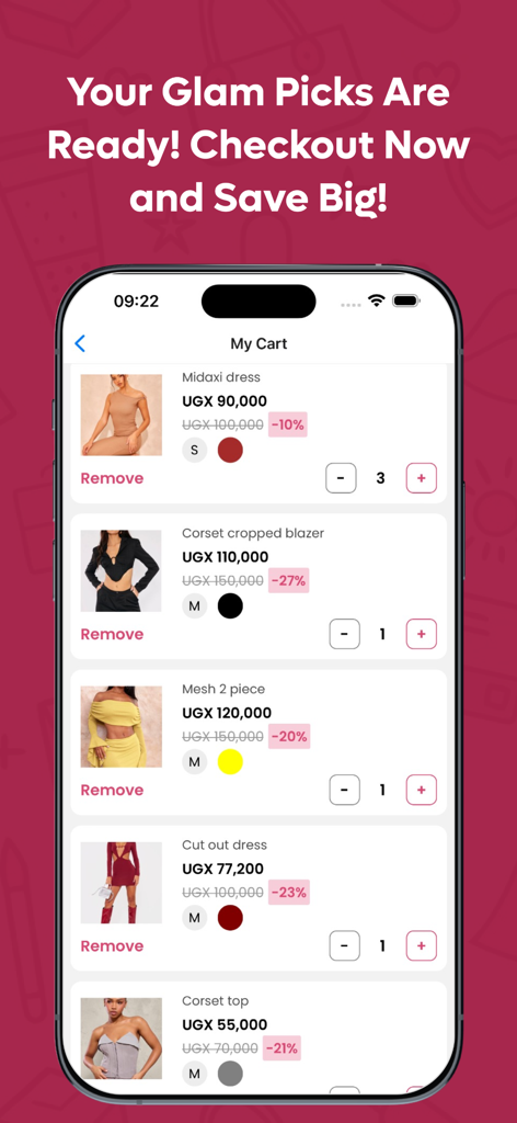 Glam n' Go - Glam n' Go mobile app checkout screen showing various fashion items in the shopping cart with discounts