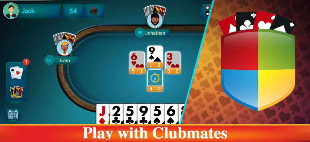 Callbreak Multiplayer Crd Game - A multiplayer session of the Callbreak card game showing players around a digital table with a play with clubmates banner