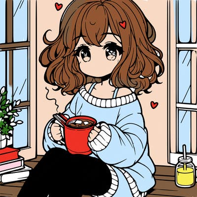 cute anime girl reading book and drinking hot chocolate from mug with loose wavy hair wearing a baggy sweatshirt and shorts sitting by windowsill looking out