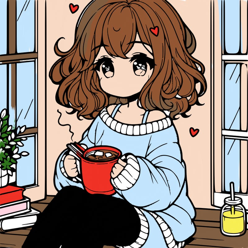 cute anime girl reading book and drinking hot chocolate from mug with loose wavy hair wearing a baggy sweatshirt and shorts sitting by windowsill looking out
