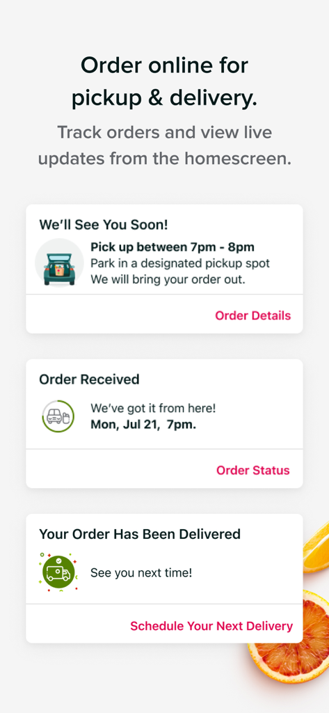 Stop & Shop - Stop and Shop app screen displaying order status updates for grocery pickup and delivery