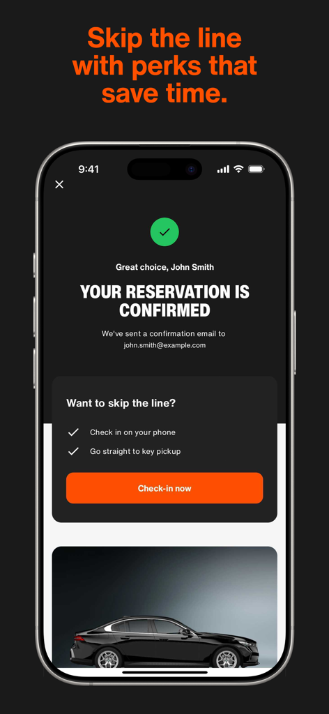 SIXT rent, share, ride & plus - Uno schermo di smartphone che mostra la pagina di conferma della prenotazione dell'app SIXT con un'opzione di check-in mobile per saltare la fila al banco del noleggio.