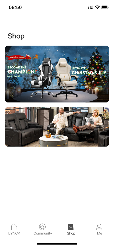 Lynck - The shop section of the Lynck app displaying gaming chair promotions and furniture collections.