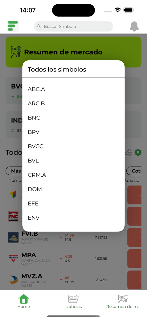 BVC Móvil - La aplicación BVC Movil muestra una lista de símbolos de acciones de la Bolsa de Caracas