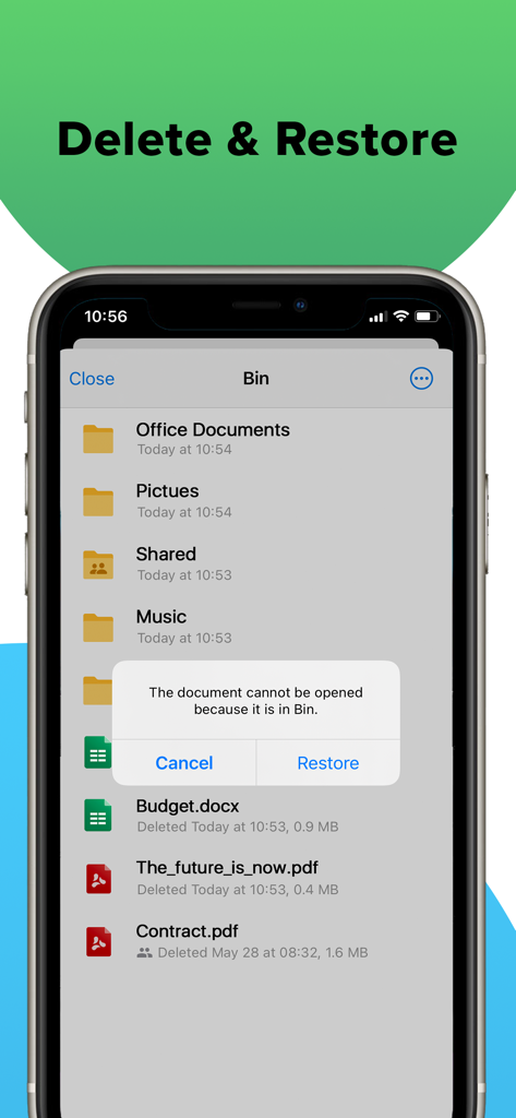 Interfaz de la aplicación MobiDrive que muestra la carpeta de la papelera con una indicación para restaurar un documento