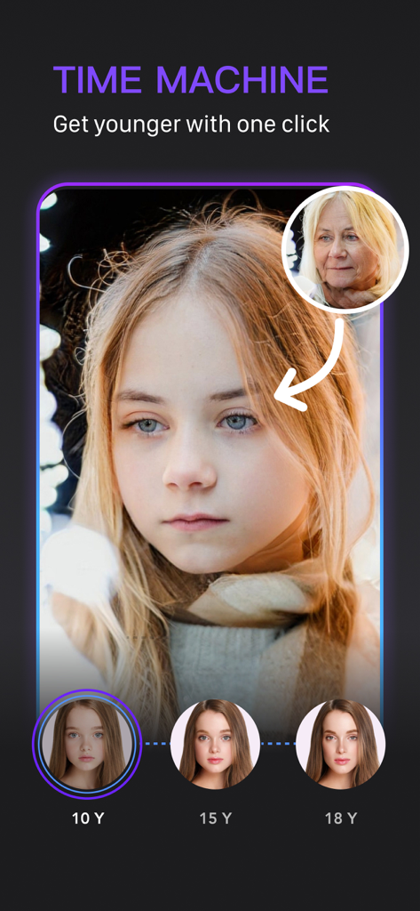 LoopArt - 3D Photo & Morph - LoopArt 앱 인터페이스, 사람을 더 어려 보이게 하는 타임머신 기능을 보여줌