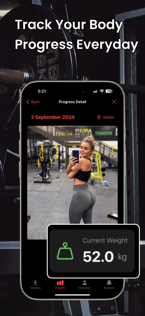 Woman Exercise 30 Days Workout - Pantalla de aplicación móvil mostrando seguimiento de peso y una foto de progreso para un desafío de entrenamiento de 30 días