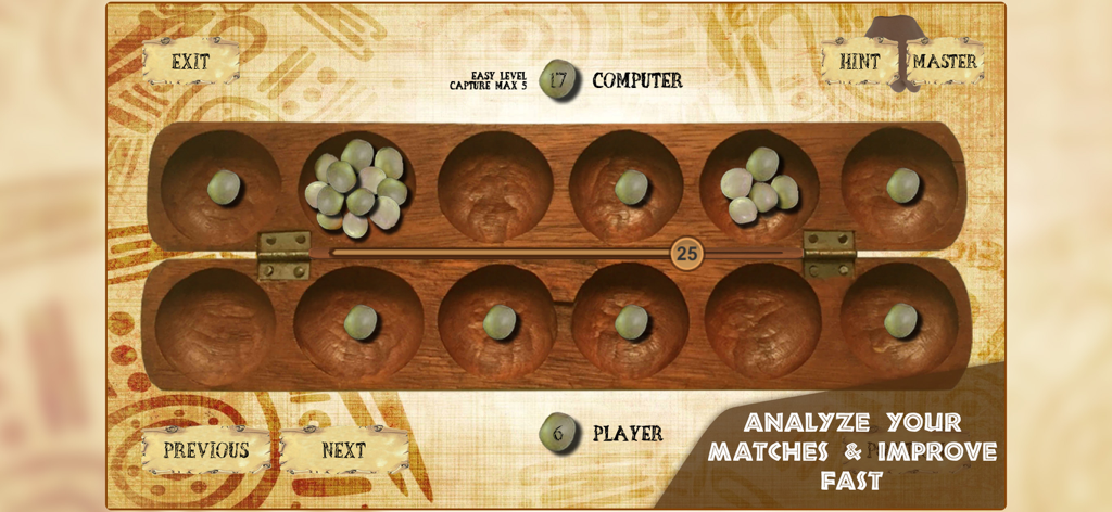A digital Awale board game match against a computer opponent with buttons to analyze and review moves.
