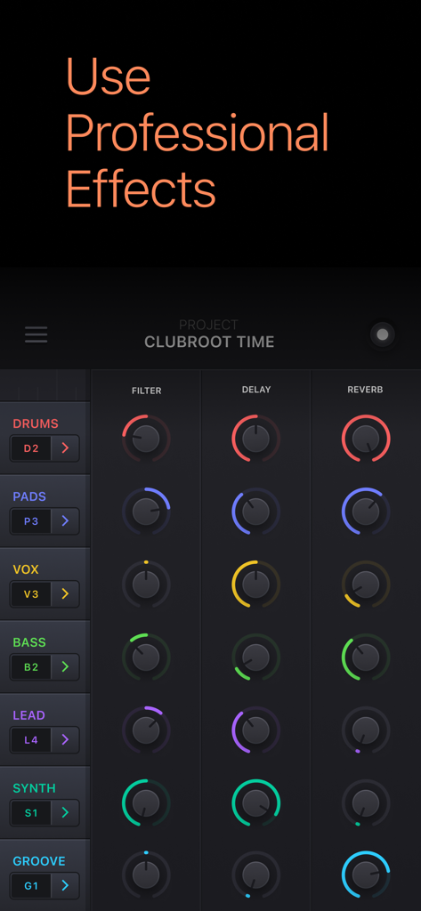 Music Making Studio • Sampler - Interface do aplicativo Music Making Studio mostrando efeitos de áudio profissionais para diferentes faixas de instrumentos