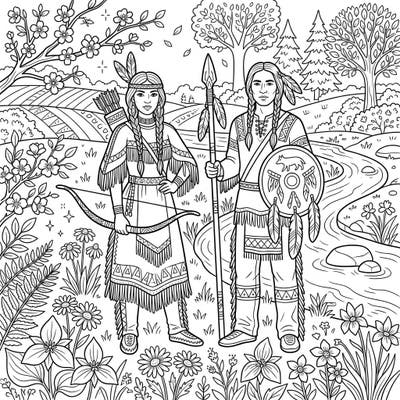 Step into a scene of strength and natural beauty with this unique coloring page featuring Indigenous warriors amidst a vibrant spring landscape. Discover the rich details of traditional attire and blooming flora, perfect for a relaxing and inspiring artistic session.