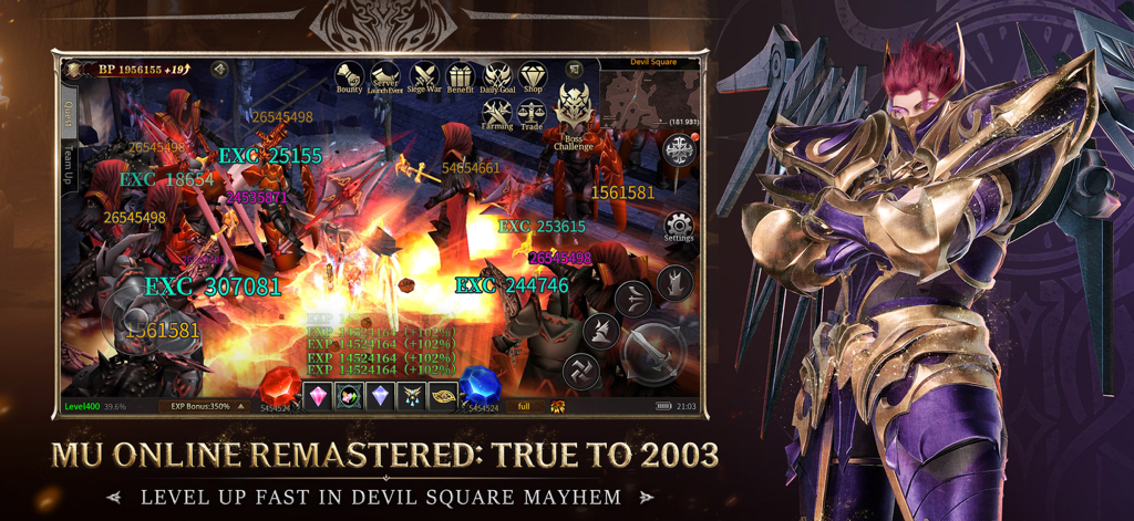 MU Immortal - Captura de pantalla del gameplay de MU Immortal mostrando subida de nivel rápida en Devil Square con un personaje de alto nivel con alas.