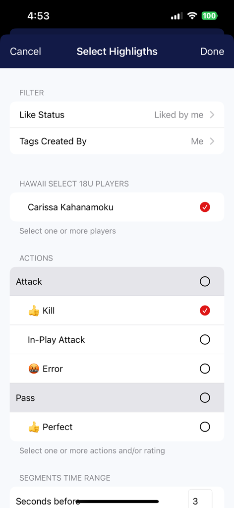 FlipsCored app interface for selecting highlights by player name and specific game actions like kill or attack