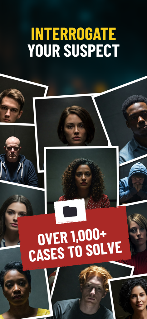 Solve:Crime & Murder Detective - A collage of diverse suspects for interrogation in the Solve Crime and Murder Detective mobile game with over 1000 cases to solve.