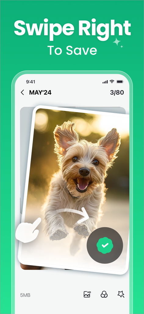 AI Phone Cleaner・Photo Swipe - Tela de um aplicativo móvel mostrando o recurso de deslizar para a direita para salvar com uma foto de um cachorrinho correndo.