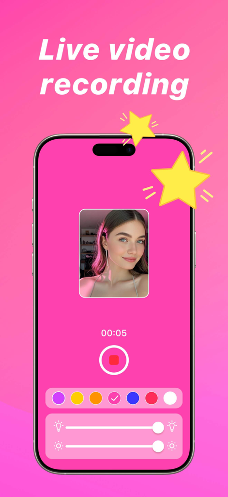 LumiCam - Selfie Light Camera - LumiCam app screen showing live video recording with pink lighting effects and brightness sliders
