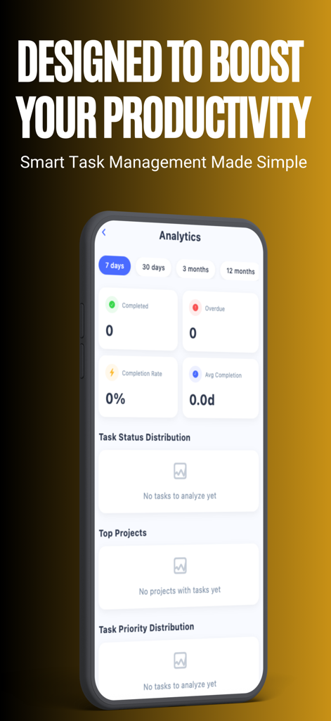 작업 완료 메트릭 및 상태 분포를 보여주는 TaskerPro 앱 분석 대시보드